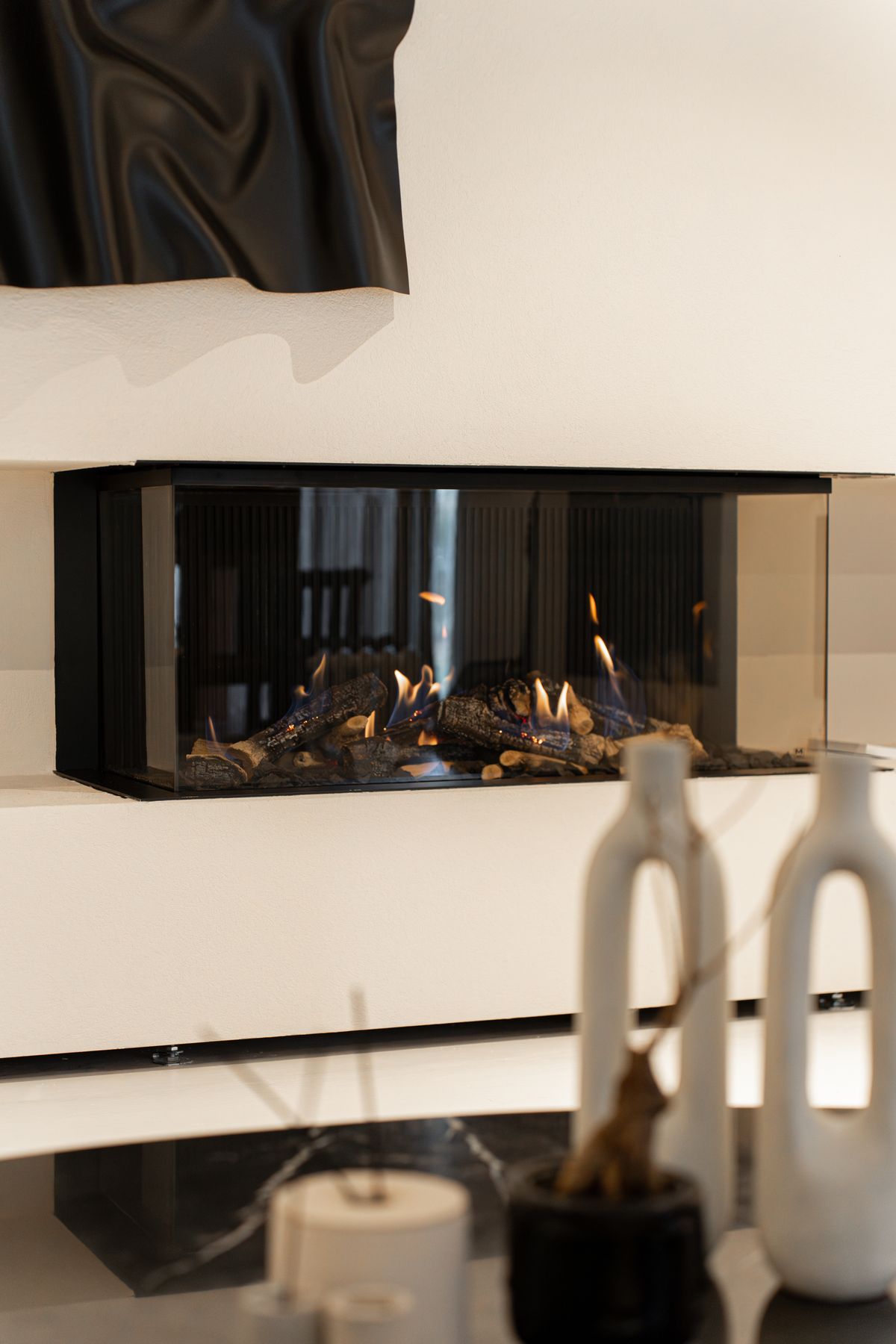 Contemporary fireplace insert glowing warmly