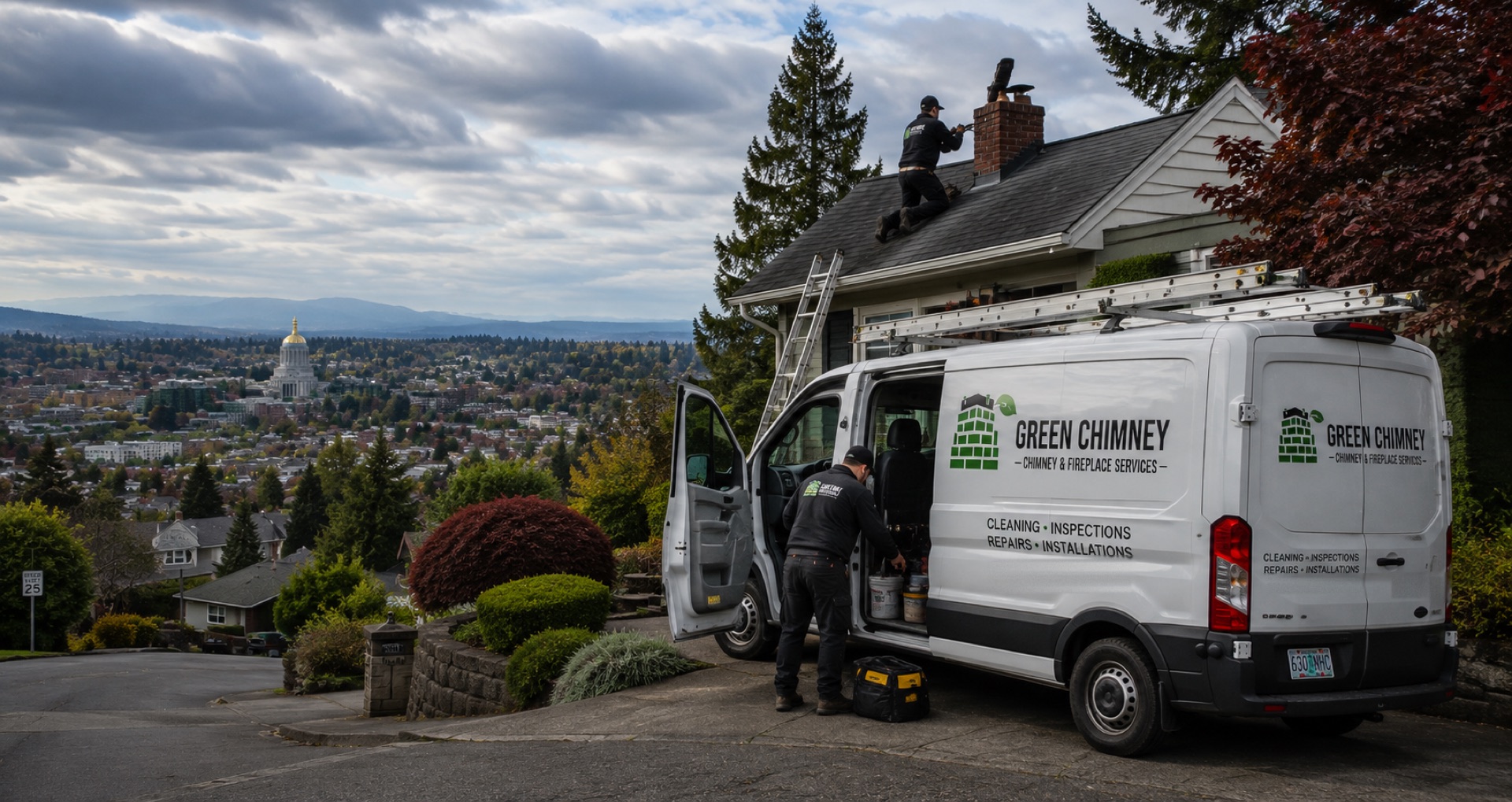 A Green Chimney van parked at a Salem home while technicians work on the roof chimney, with the Oregon State Capitol and the city below