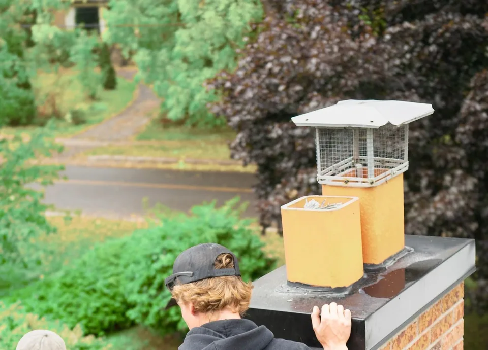 A technician inspecting the top of a brick chimney
