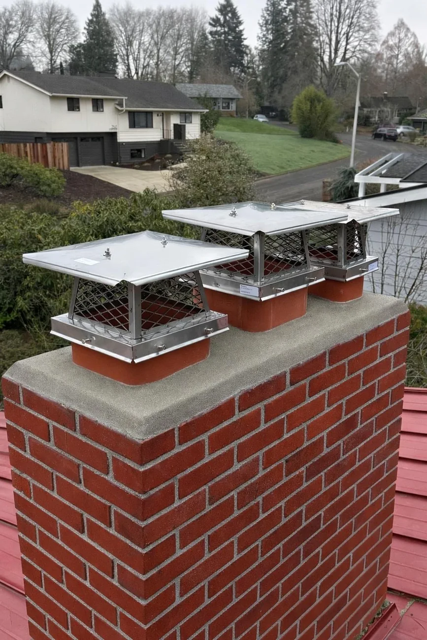 The same chimney on the same roof after a new concrete crown and three stainless steel caps were fitted