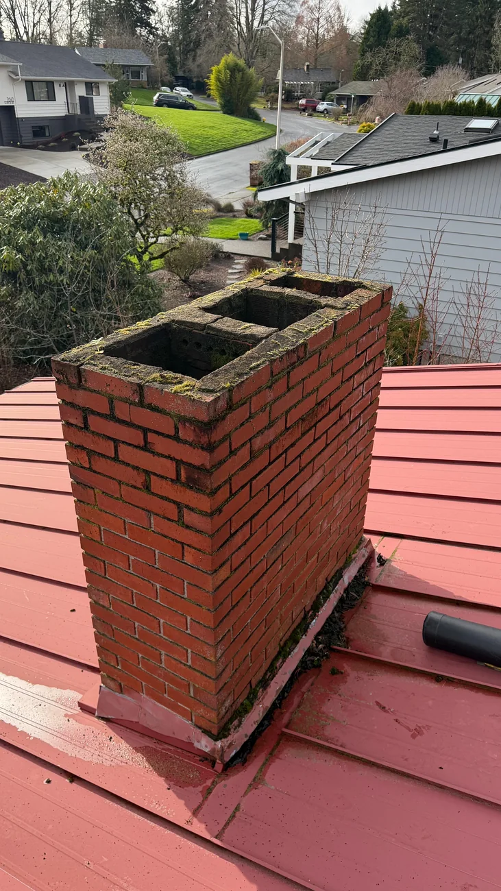 A brick chimney with two open flue tiles, no caps and an eroded mossy crown